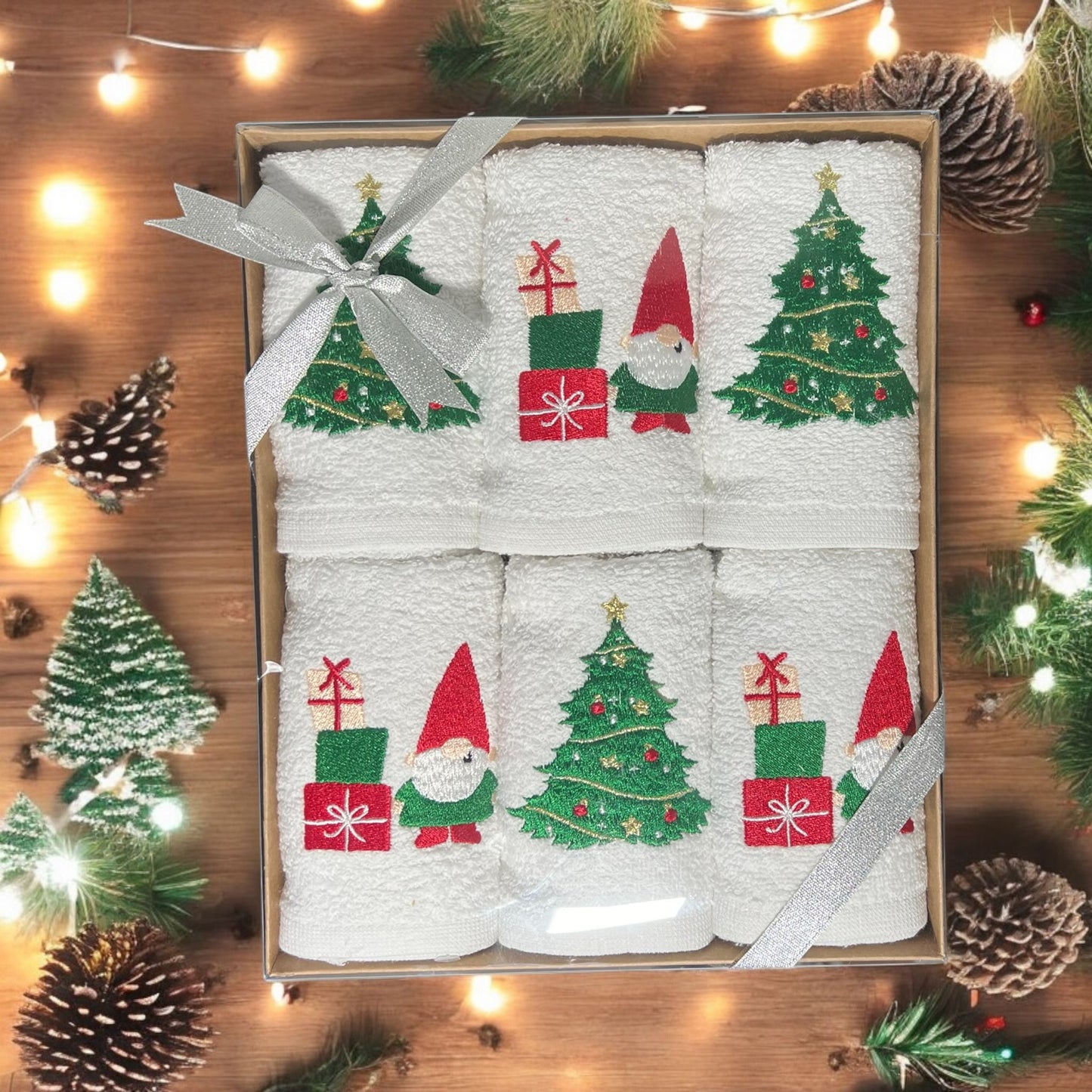 Embroidered Christmas Motifs Face Towel Hand Made 100% Cotton 30x50 cm 6 in 1 Pack