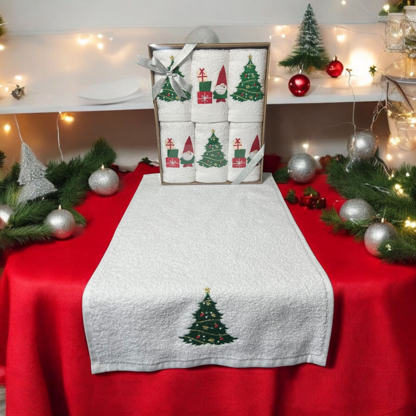 Embroidered Christmas Motifs Face Towel Hand Made 100% Cotton 30x50 cm 6 in 1 Pack